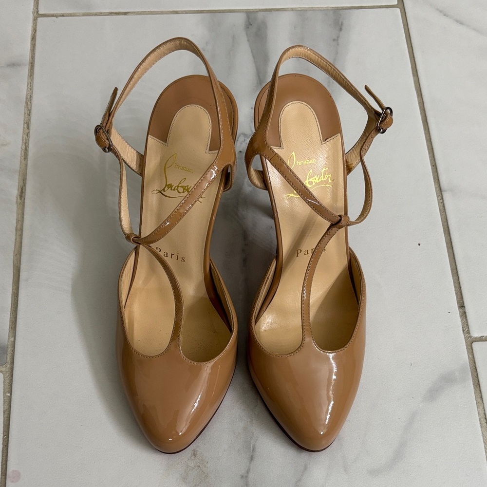 Christian Louboutin Patent Leather Nude-Tan Slingback Pumps